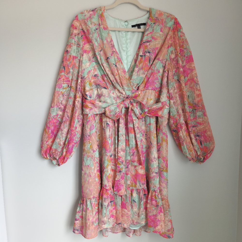 Alex Marie Sea Green Pink Floral Spring Deep V-Neck Dress Puff Sleeves Size 14